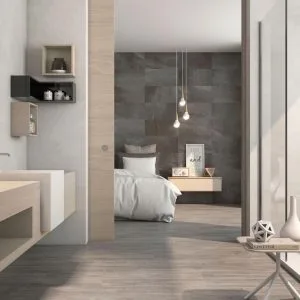 Concept - Bathroom and bedroom with grey concrete look and wood look on floor and wall, Pamesa