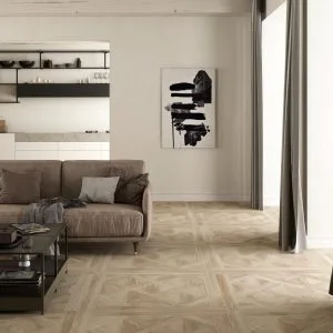 Inza - Living room with wood-look floor, Pamesa