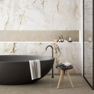 Pisa - Bathroom with white marble look and wood look on walls and floor, Pamesa
