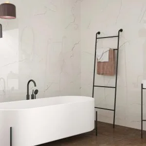 Desert - Bathroom with white marble look and wood look on floor and wall, Pamesa