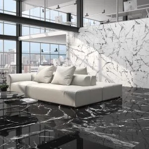 Lux iceberg - Living room and office with black and white marble look on floor and wall, Pamesa