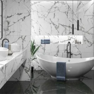 Lux Iceberg - Bathroom with black and white marble look on floor and wall, Pamesa