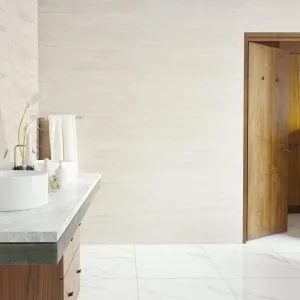 Silkstone - Bathroom with white colored tiles and wood look on wall and floor, Pamesa