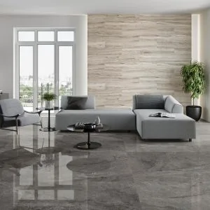 Wells - Living room with brown marble look and wood look on floor and wall, Pamesa
