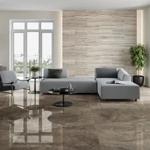 Wells - Living room with brown marble look and wood look on floor and wall, Pamesa