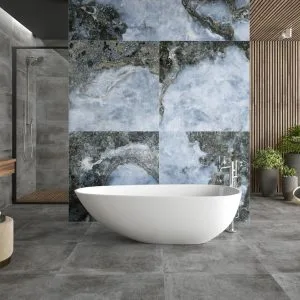 Lux danae - Bathroom with blue-grey marble look and concrete look on wall and floor, Pamesa