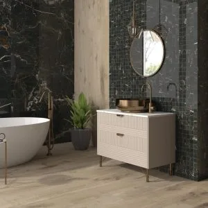 Mallas - Bathroom with black marble look and wood look on wall and floor, Pamesa