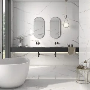 Cellini - Bathroom with white marble look on floor and wall, Pamesa