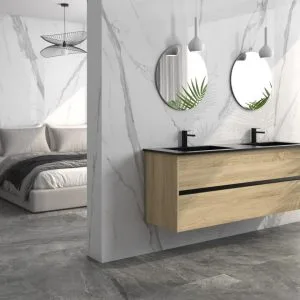 Cellini - Bedroom and bathroom with white marble look and grey stone look on floor and wall, Pamesa