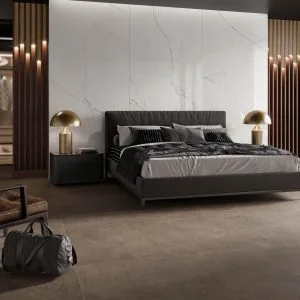 Desert - Bedroom with white concrete look and wood look on wall and floor, Pamesa