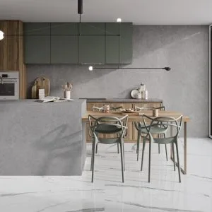 Moleanos - Kitchen and dining room with white marble look on floor and walls, Pamesa