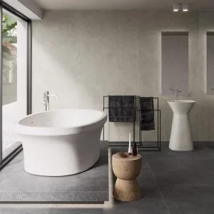 Moleanos - Bathroom with grey concrete look on floor and wall, Pamesa