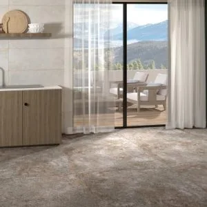 Odeon Pasta Blanca - Kitchen and terrace with light stone look and wood look on floor and wall, Pamesa