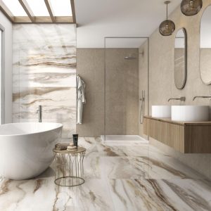Nebula - marmerlook vloer- en wandtegel in beige, Pamesa