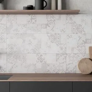 Odeon Pasta Blanca - Kitchen with white decorative and colored tile on backsplash, Pamesa