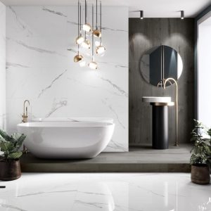 Cellini - Badkamer met witte marmerlook op vloer en wand, Pamesa