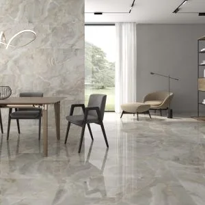 Lux noor - Living room with shiny beige marble look on the floor, Pamesa