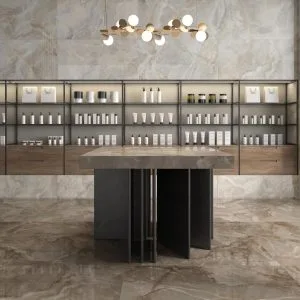 Lux noor - Shop and showroom with brown marble look on floor and wall, Pamesa