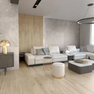 Rovere - Living room with light wood look and concrete look on floor and wall, Pamesa