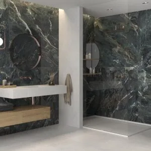 Lux Euphoria - Bathroom with dark green marble look on wall, Pamesa