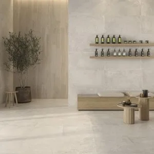 Midway - Shop and wellness with light concrete and wood look on floor and wall, Pamesa