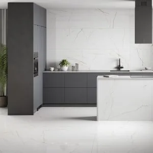 Acquilea - Kitchen with white marble look on floor, island and backsplash, Pamesa