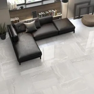 Whitehall - Living room with white marble look on the floor, Pamesa