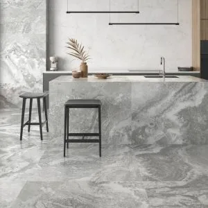 Hermes - Kitchen with grey marble look on floor, island and backsplash, Pamesa