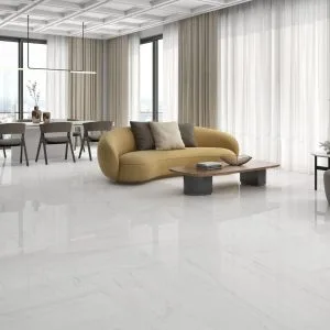 Montebianco - Living room with white marble-look floor, Pamesa