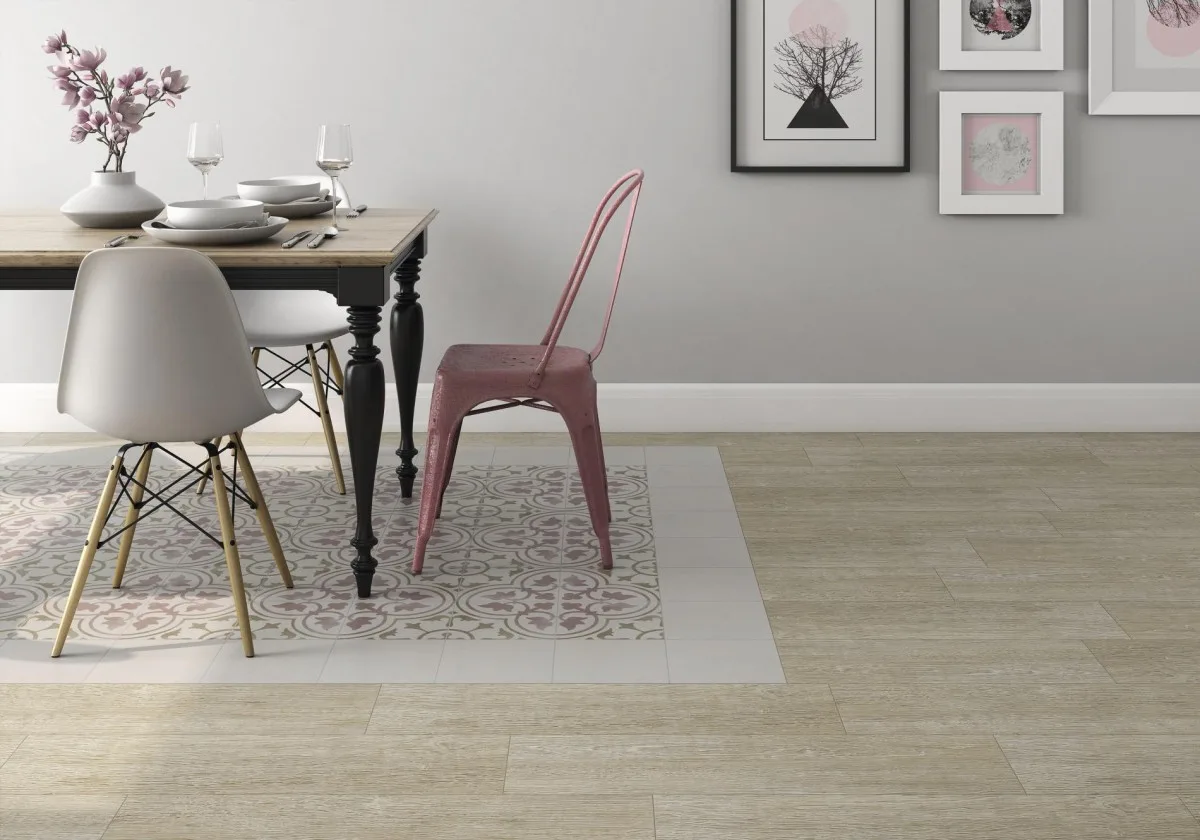 Art - Dining room with light wood look floor, Pamesa
