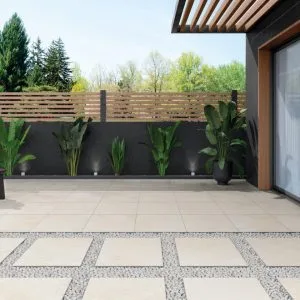 Pietra Di Rapolano - Garden and terrace with light concrete look flooring, Pamesa