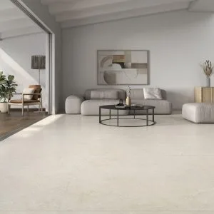Coralstone - Living room and terrace with light concrete look flooring, Pamesa