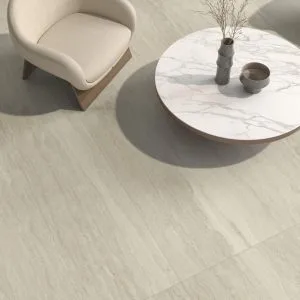 Dorset - Living room with light wood look and white marble look on floor, tabletop, Pamesa