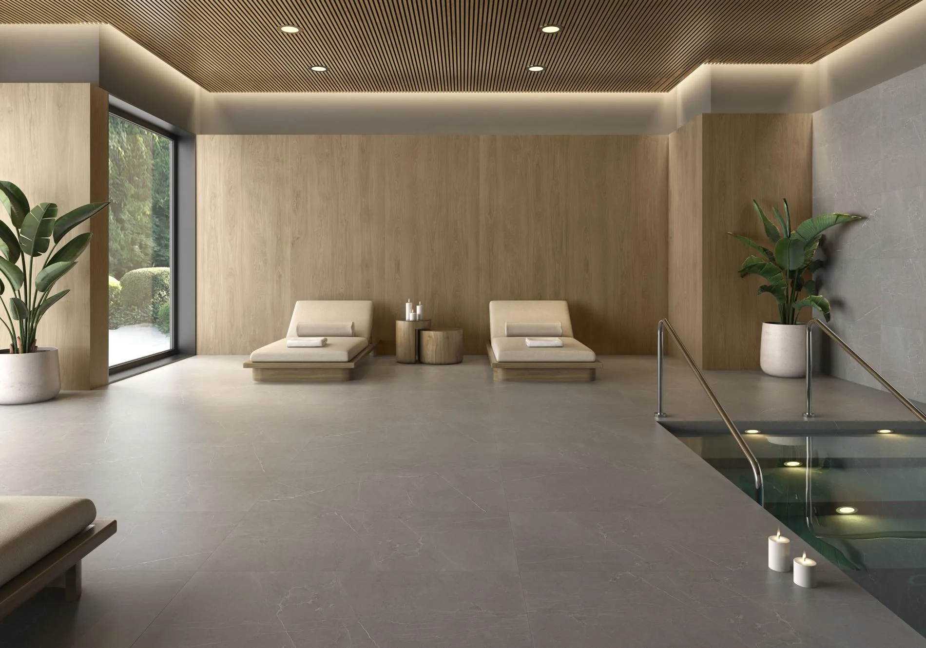 Kalon - Spa and wellness with light wood look and concrete look on floor and wall, Pamesa