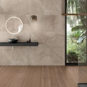 Rhin - Bathroom with light concrete look and wood look on wall and floor, Pamesa