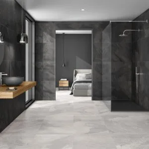 Rhin - Bathroom with dark grey stone look on floor and wall, Pamesa