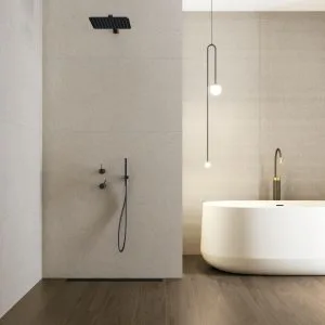 Lin - Bathroom with white colored tiles and dark wood look on wall and floor, Pamesa