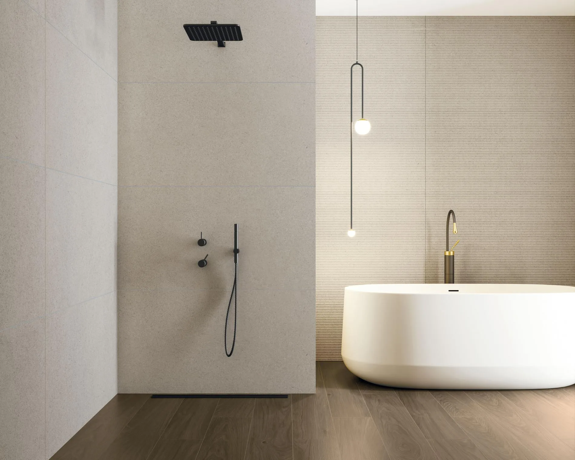 Lin - Bathroom with white colored tiles and dark wood look on wall and floor, Pamesa