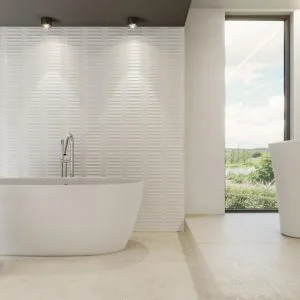 Rlv.ghat - Bathroom with white relief tile and concrete look on wall and floor, Pamesa