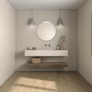 Lin - Bathroom with light concrete look and wood look on wall and floor, Pamesa