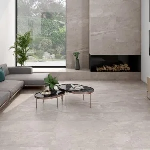 Erding - Living room with grey concrete look on floor and wall, Pamesa