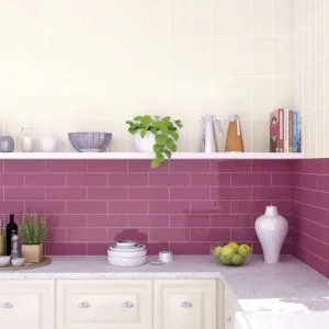 Basic Ruby - Kitchen with pink glazed colored tile on backsplash, Ceragni