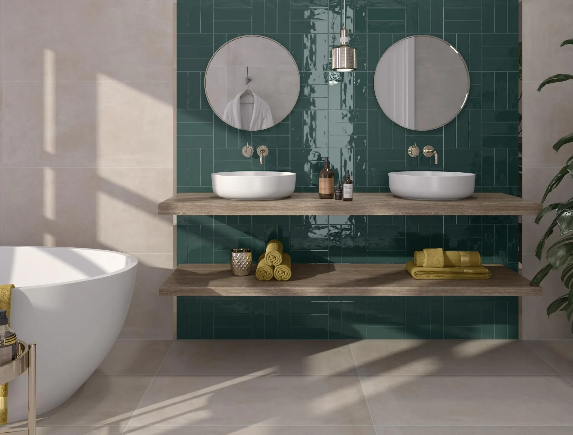 Mayfair - Bathroom with teal glazed color tile on accent wall, Pamesa