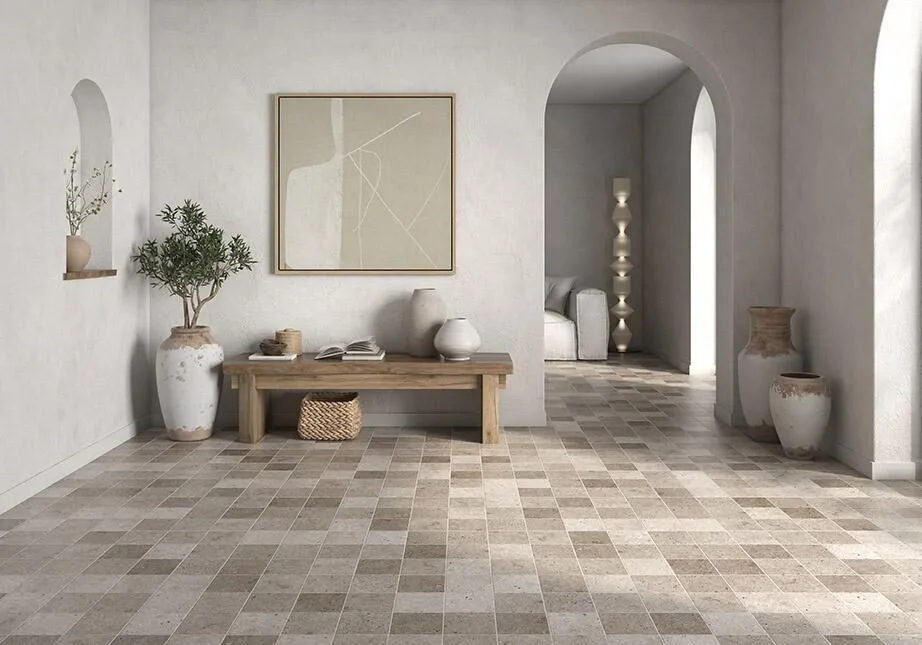 Balistone - Hall and living room with grey stone look flooring, Pamesa