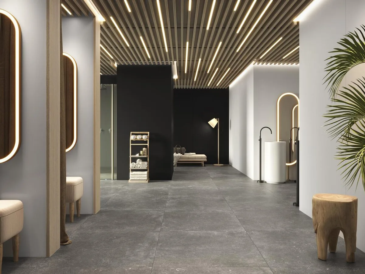 Non-residential floor tiles in a busy public hall