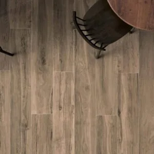 CR. Rovere - Material presentation with brown wood look on floor, Pamesa