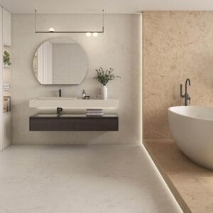 Perlino Bianco en Perlino Rosa in een lichte badkamer